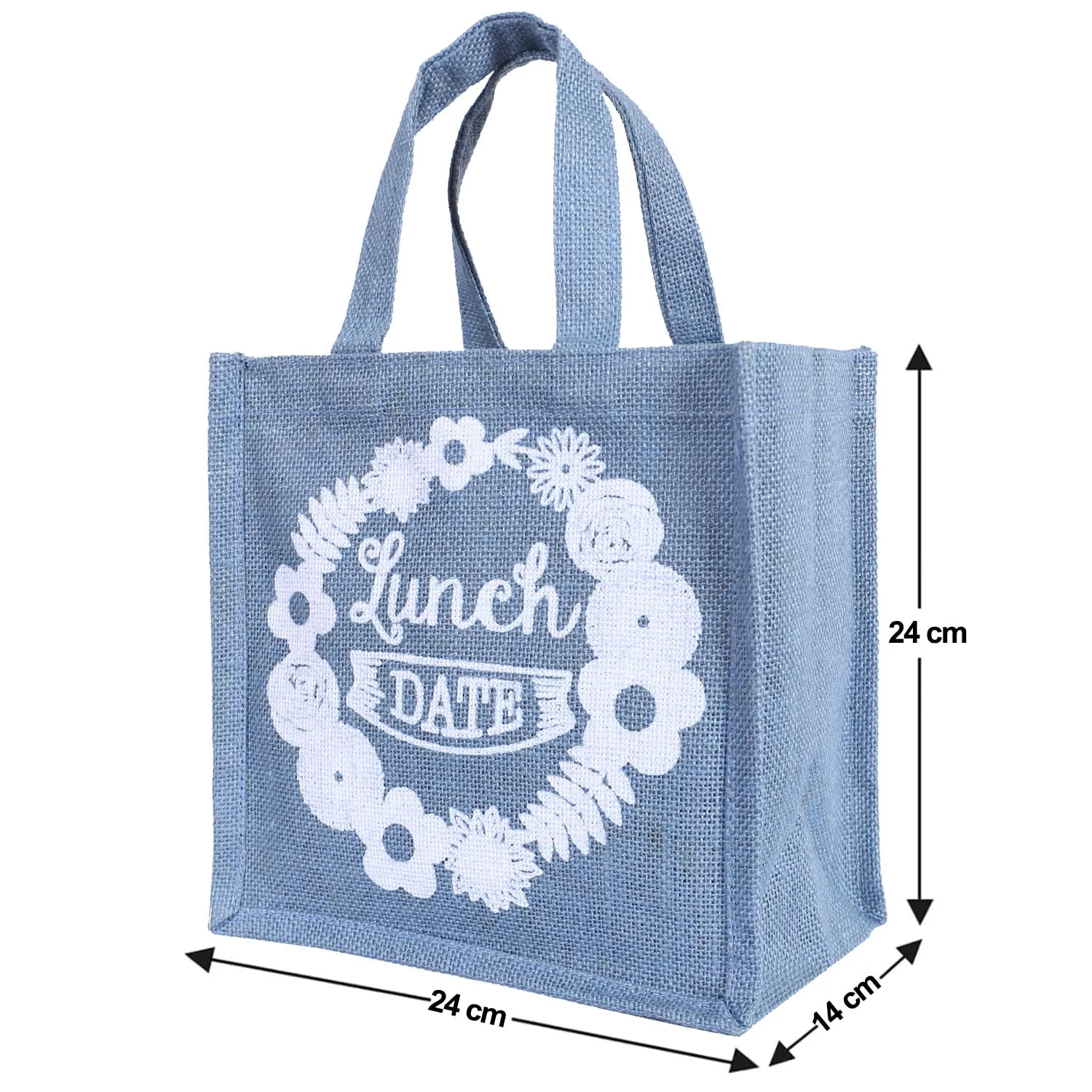 Heart Home Lunch Bag|Reusable Jute Fabric Tote Bag|Lunch Date Print Tiffin Carry Hand Bag with Handle for Office,School,Gift,Pack of 2 (Gray)