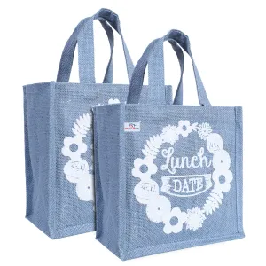 Heart Home Lunch Bag|Reusable Jute Fabric Tote Bag|Lunch Date Print Tiffin Carry Hand Bag with Handle for Office,School,Gift,Pack of 2 (Gray)