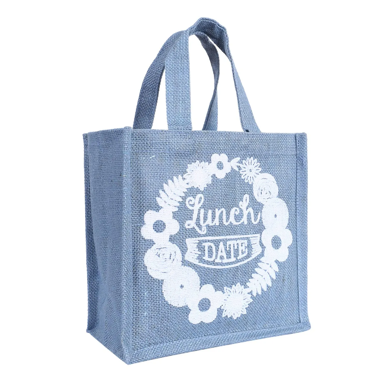 Heart Home Lunch Bag|Reusable Jute Fabric Tote Bag|Lunch Date Print Tiffin Carry Hand Bag with Handle for Office,School,Gift,Pack of 2 (Gray)