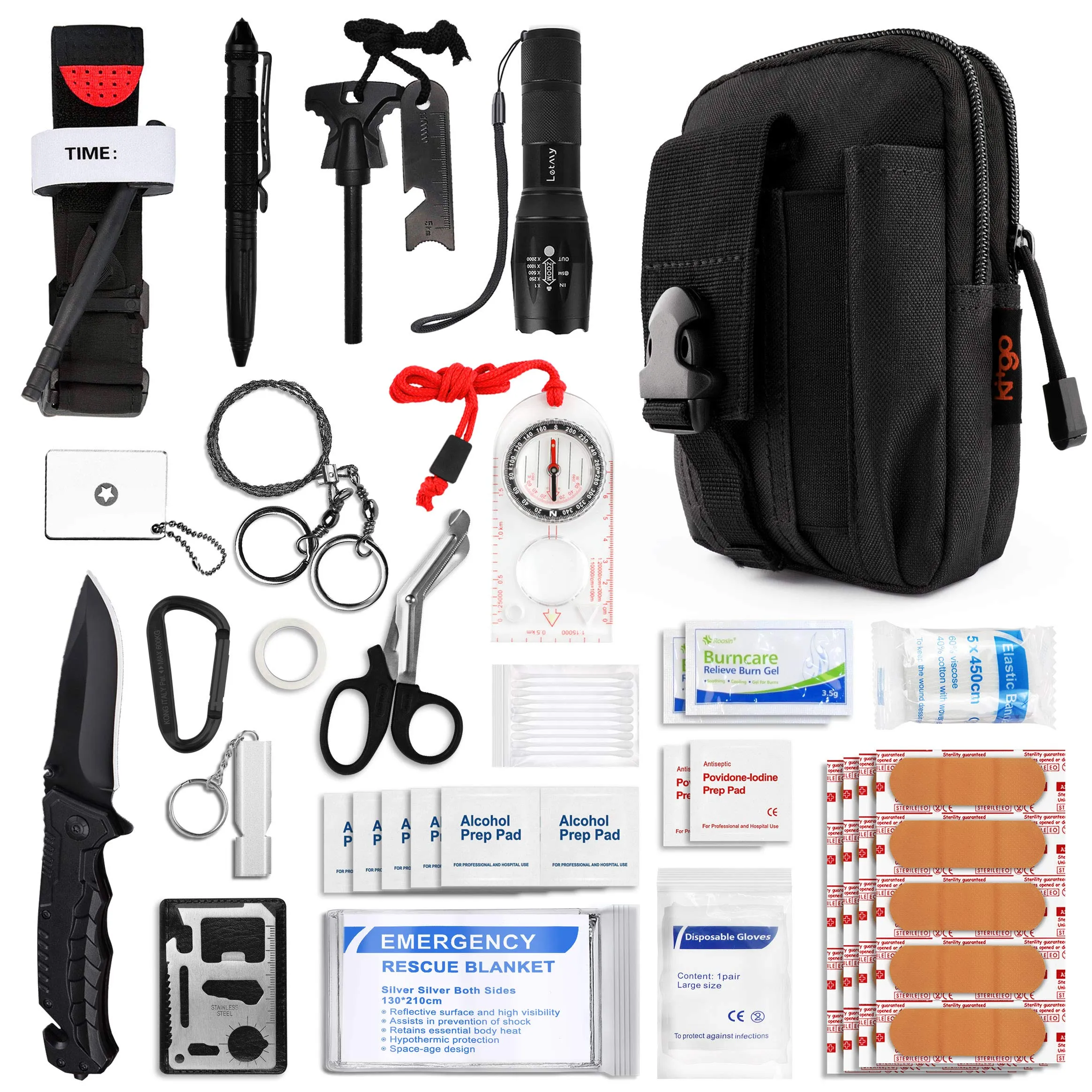 Kitgo Emergency Survival Gear and Medical First Aid Kit - IFAK Outdoor Adventure Camping Hiking Military Essential - Pro Compass, Fire Starter, CAT Tourniquet, Flashlight and More (Black)