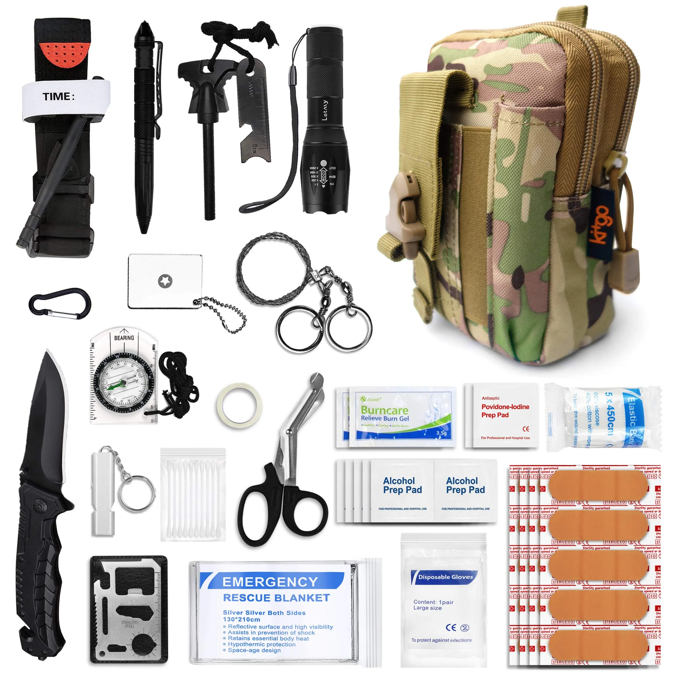 Kitgo Emergency Survival Gear and Medical First Aid Kit - IFAK Outdoor Adventure Camping Hiking Military Essential - Pro Compass, Fire Starter, CAT Tourniquet, Flashlight and More