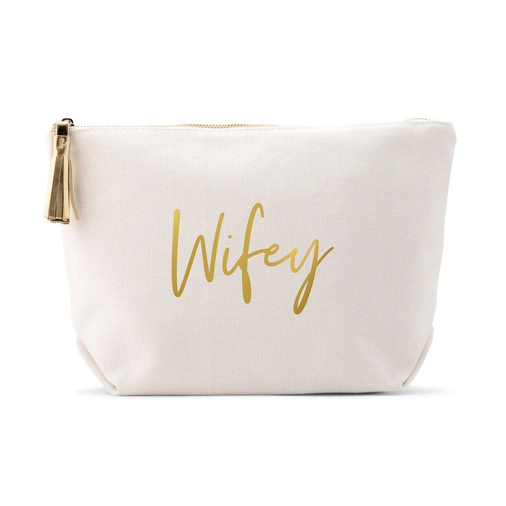 LARGE PERSONALIZED CANVAS MAKEUP & TOILETRY BAG FOR  WOMEN -  WIFEY SCRIPT