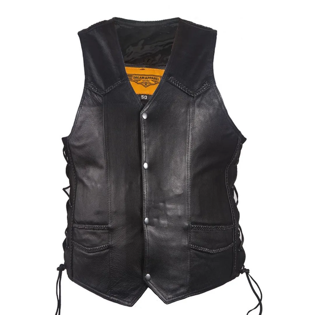 Mens Classic Style Leather Motorcycle Club Vest With Gun Pocket Braid Trim