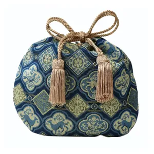 Nishijin-ori Small Drawstring Bag - Dog in Sacred Medallion / Navy Blue -,  Made in Kyoto, Japan,  Japanese traditional craft purse