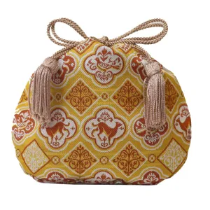 Nishijin-ori Small Drawstring Bag - Dog in Sacred Medallion / Yellow -,  Made in Kyoto, Japan,  Japanese traditional craft purse