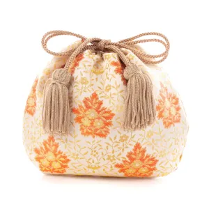 Nishijin-ori Small Drawstring Bag - Flower and Arabesque Pattern / White -,  Made in Kyoto, Japan,  Japanese traditional craft purse