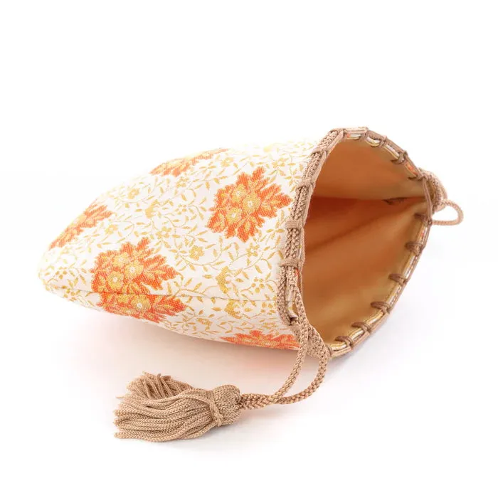 Nishijin-ori Small Drawstring Bag - Flower and Arabesque Pattern / White -,  Made in Kyoto, Japan,  Japanese traditional craft purse