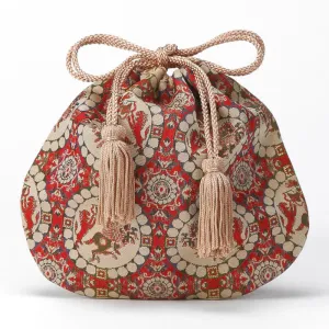 Nishijin-ori Small Drawstring Bag - Lion Hunter / Red -,  Made in Kyoto, Japan,  Japanese traditional craft purse