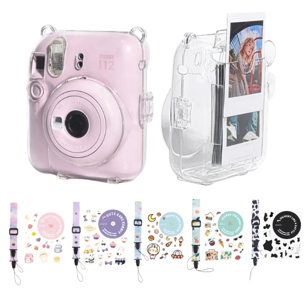 Pikxi 3-in-1 Clear Instant Camera Case for FUJIFILM Instax Mini 12 Film Cameras with Cartoon Patch Sticker Set and Body Strap - Available in Blossom Pink, Pastel Blue, Clay White, Lilac Purple, and Mint Green Color