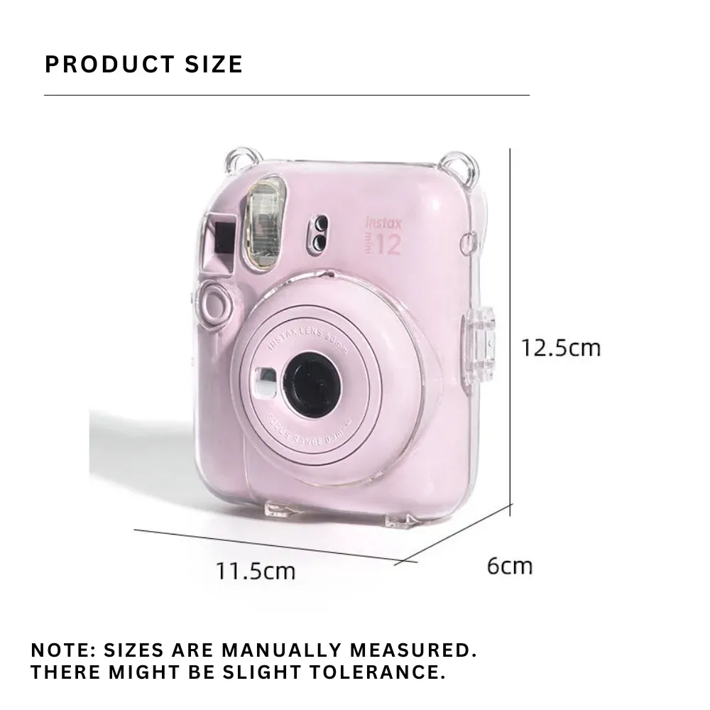 Pikxi 3-in-1 Clear Instant Camera Case for FUJIFILM Instax Mini 12 Film Cameras with Cartoon Patch Sticker Set and Body Strap - Available in Blossom Pink, Pastel Blue, Clay White, Lilac Purple, and Mint Green Color