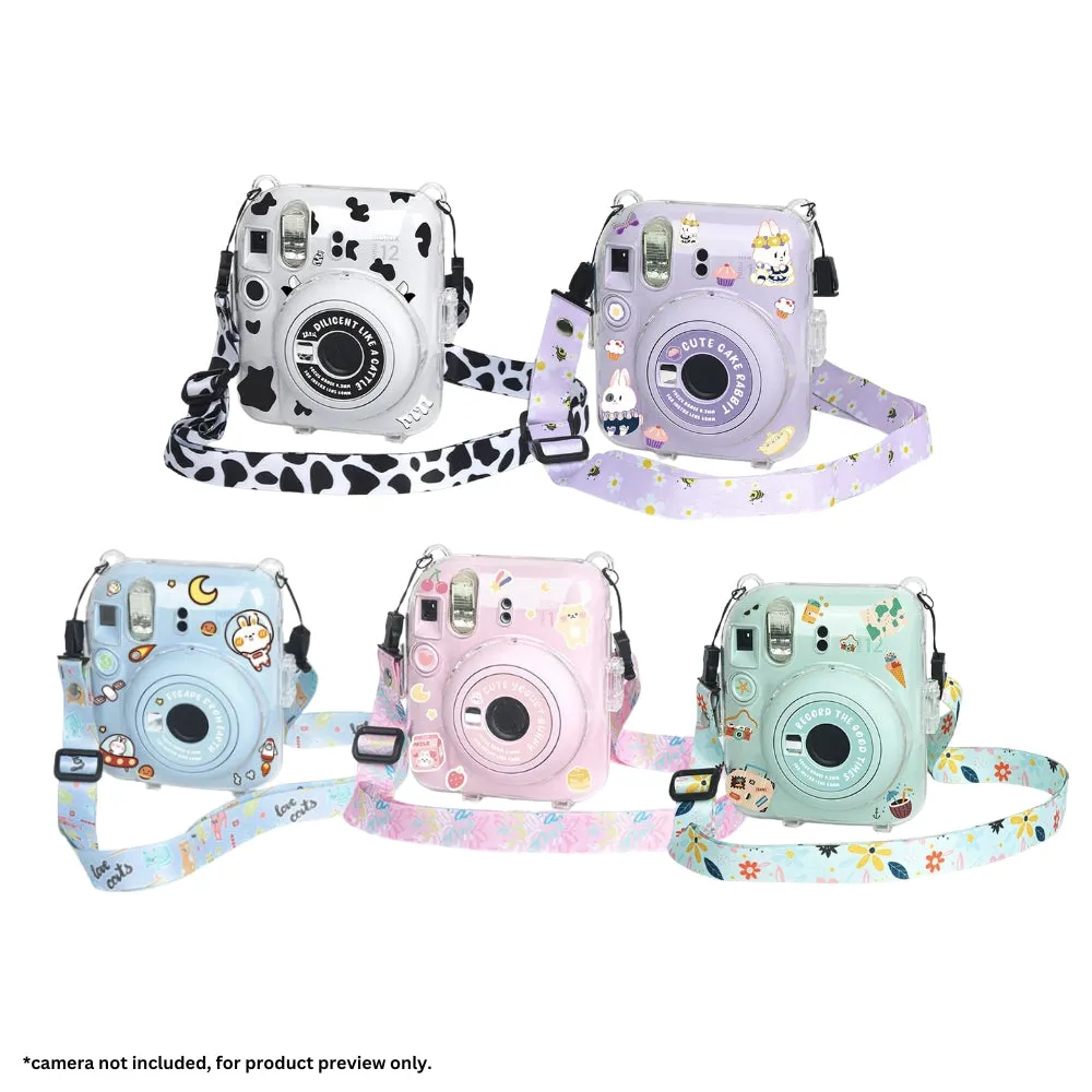 Pikxi 3-in-1 Clear Instant Camera Case for FUJIFILM Instax Mini 12 Film Cameras with Cartoon Patch Sticker Set and Body Strap - Available in Blossom Pink, Pastel Blue, Clay White, Lilac Purple, and Mint Green Color