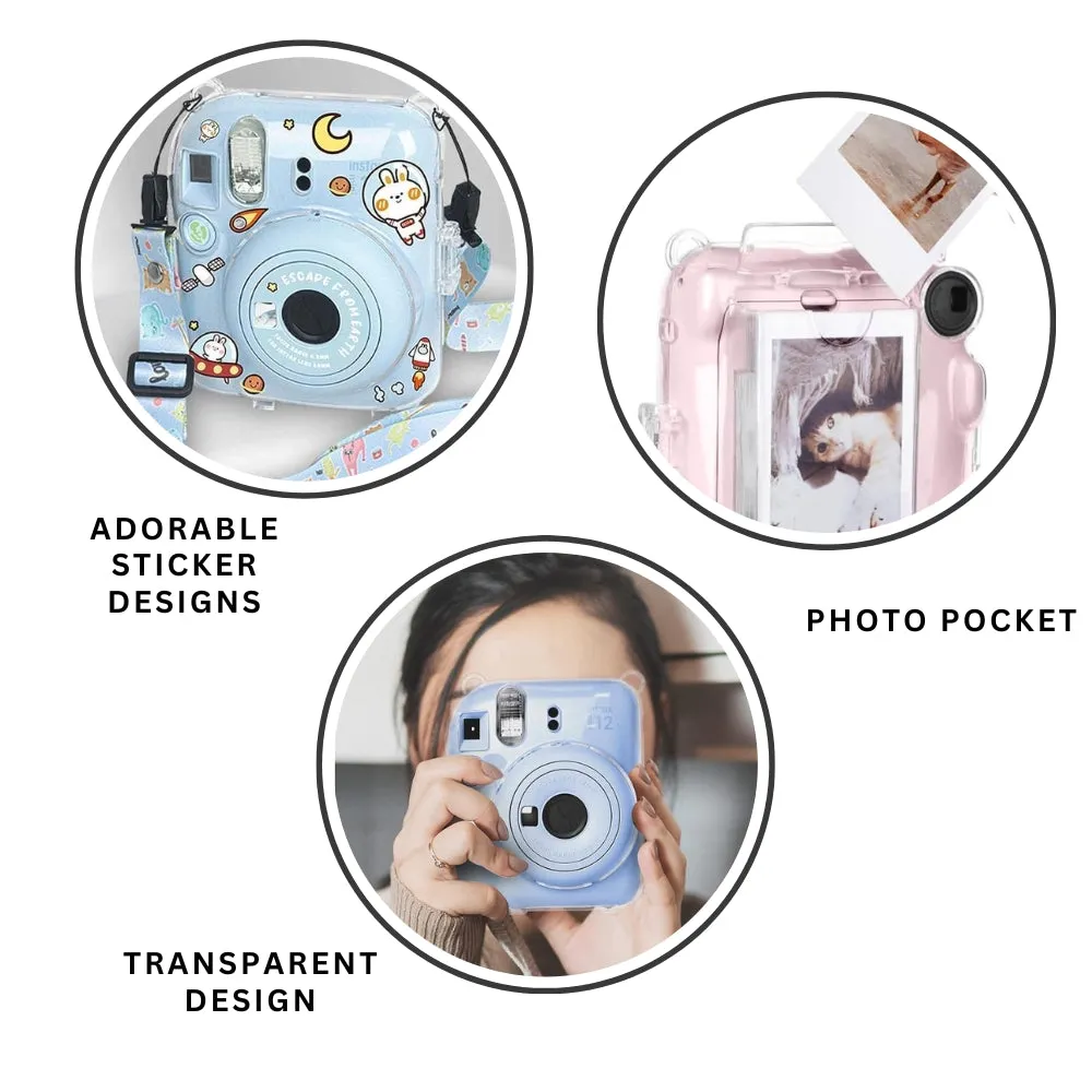 Pikxi 3-in-1 Clear Instant Camera Case for FUJIFILM Instax Mini 12 Film Cameras with Cartoon Patch Sticker Set and Body Strap - Available in Blossom Pink, Pastel Blue, Clay White, Lilac Purple, and Mint Green Color