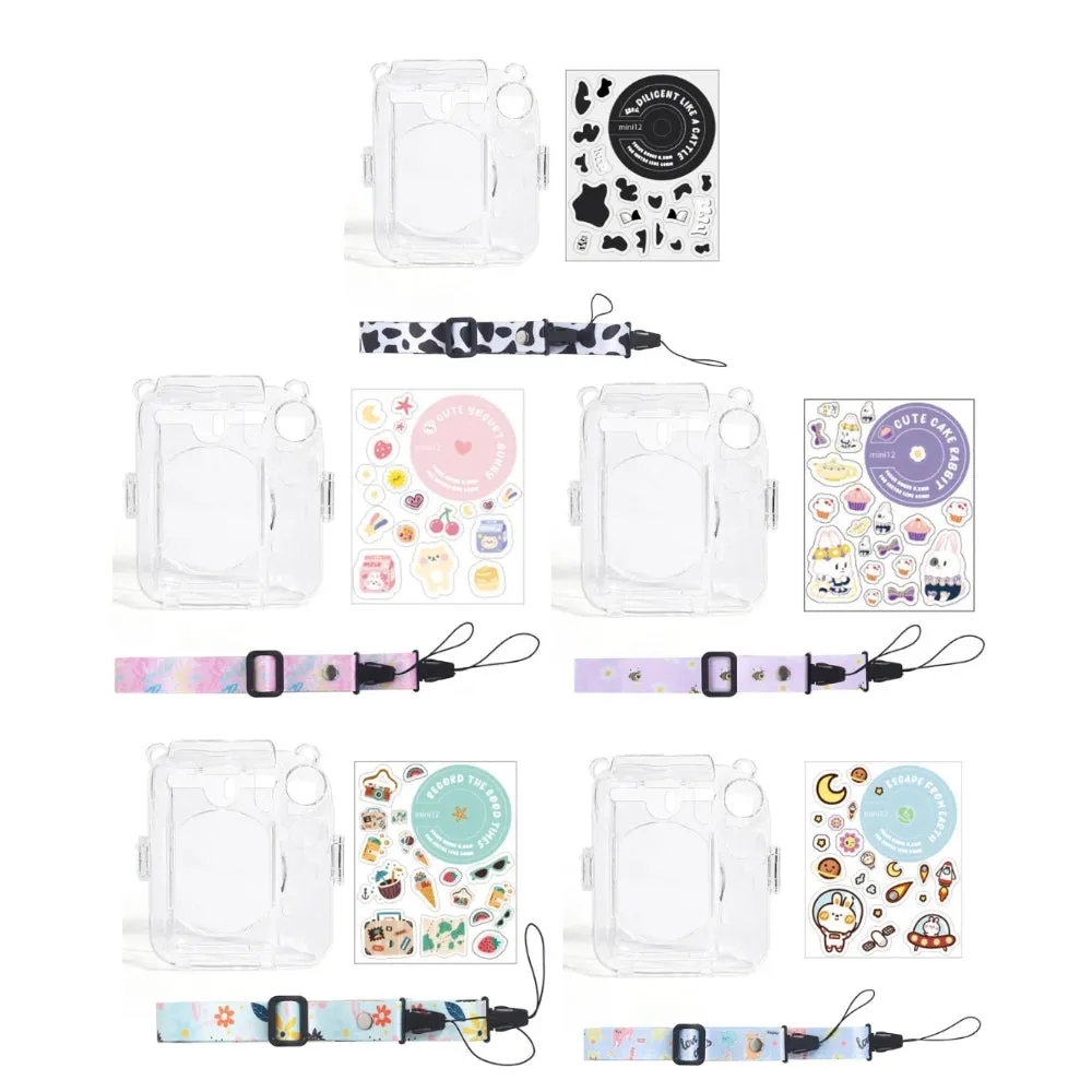 Pikxi 3-in-1 Clear Instant Camera Case for FUJIFILM Instax Mini 12 Film Cameras with Cartoon Patch Sticker Set and Body Strap - Available in Blossom Pink, Pastel Blue, Clay White, Lilac Purple, and Mint Green Color