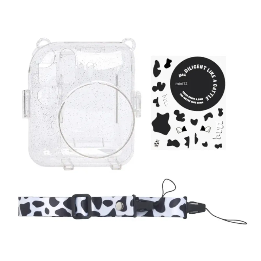 Pikxi 3-in-1 Transparent Glitter Instant Camera Case for FUJIFILM Instax Mini 12 Film Cameras with Cartoon Patch Sticker Set and Body Strap