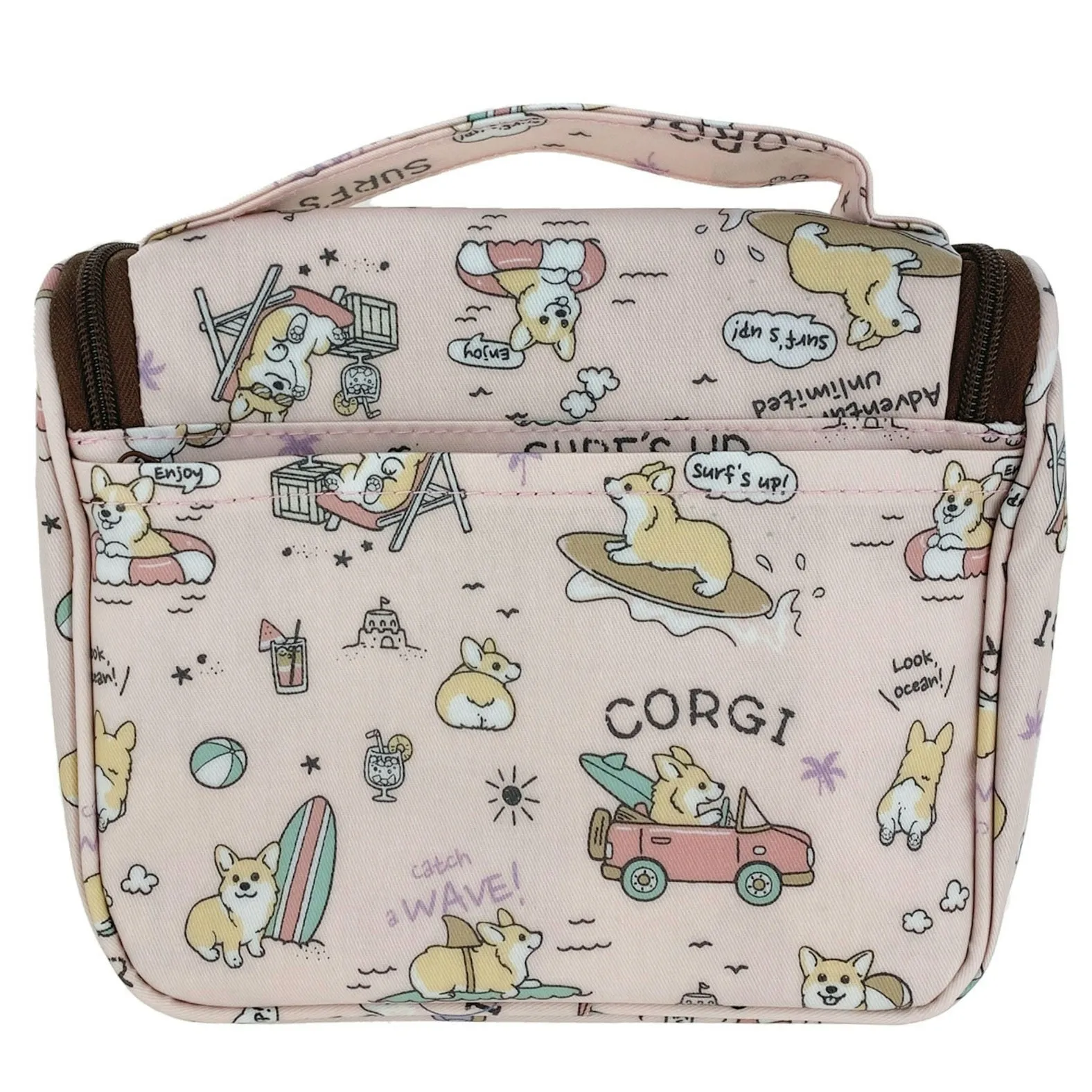 Pink Surfing Corgi Toiletry Bag