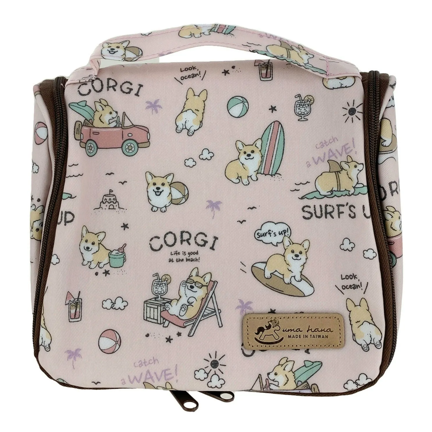 Pink Surfing Corgi Toiletry Bag