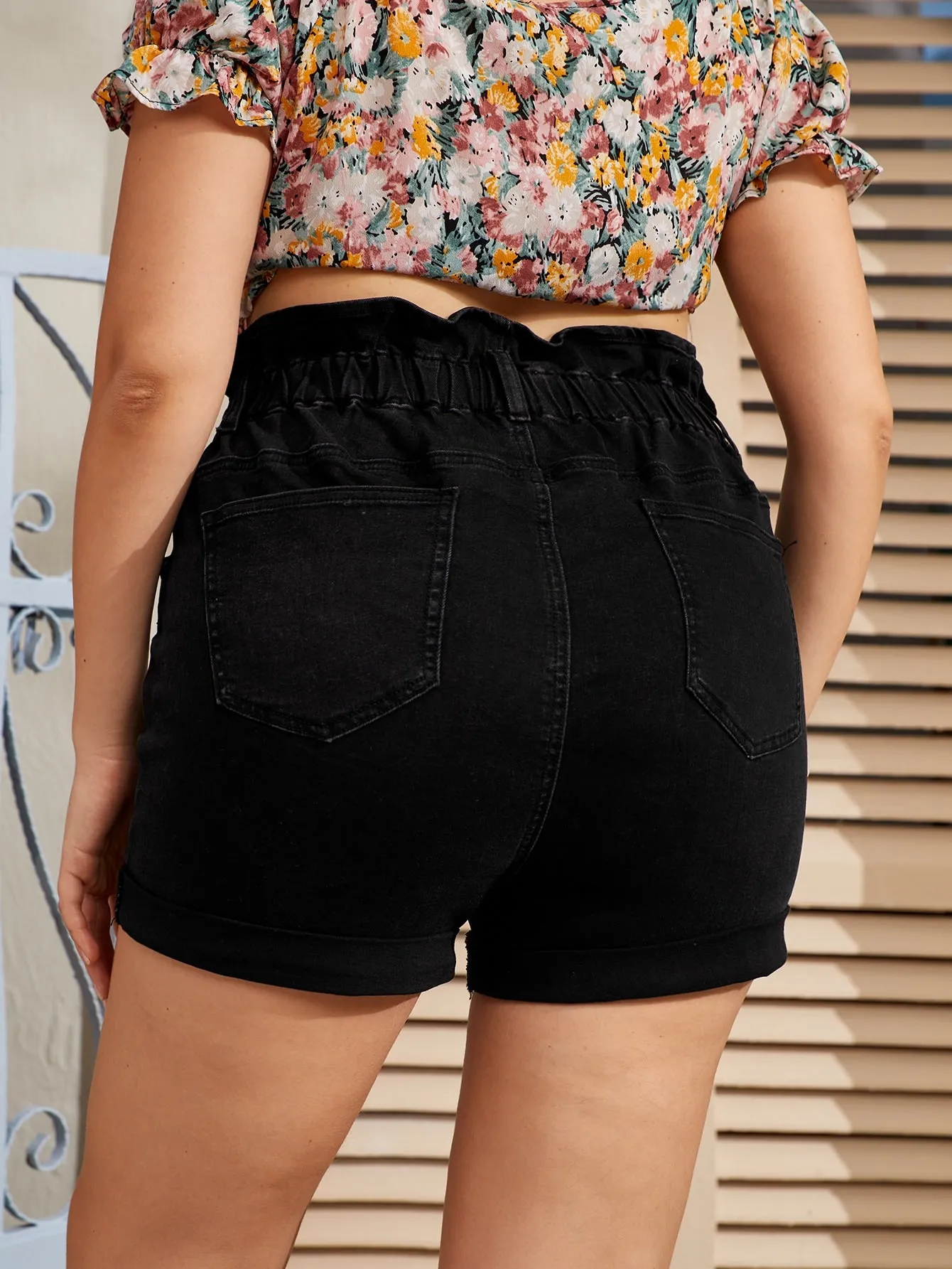 Plain Paper Bag Waist High Waist Plus Size Denim Shorts