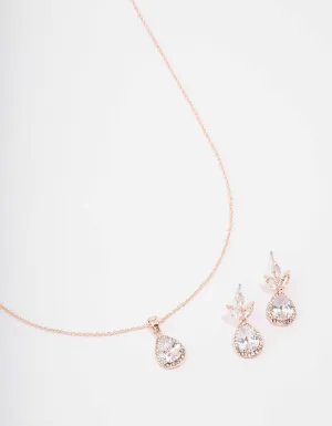 Rose Gold Leaf Pear Halo Necklace & Drop Earring Set