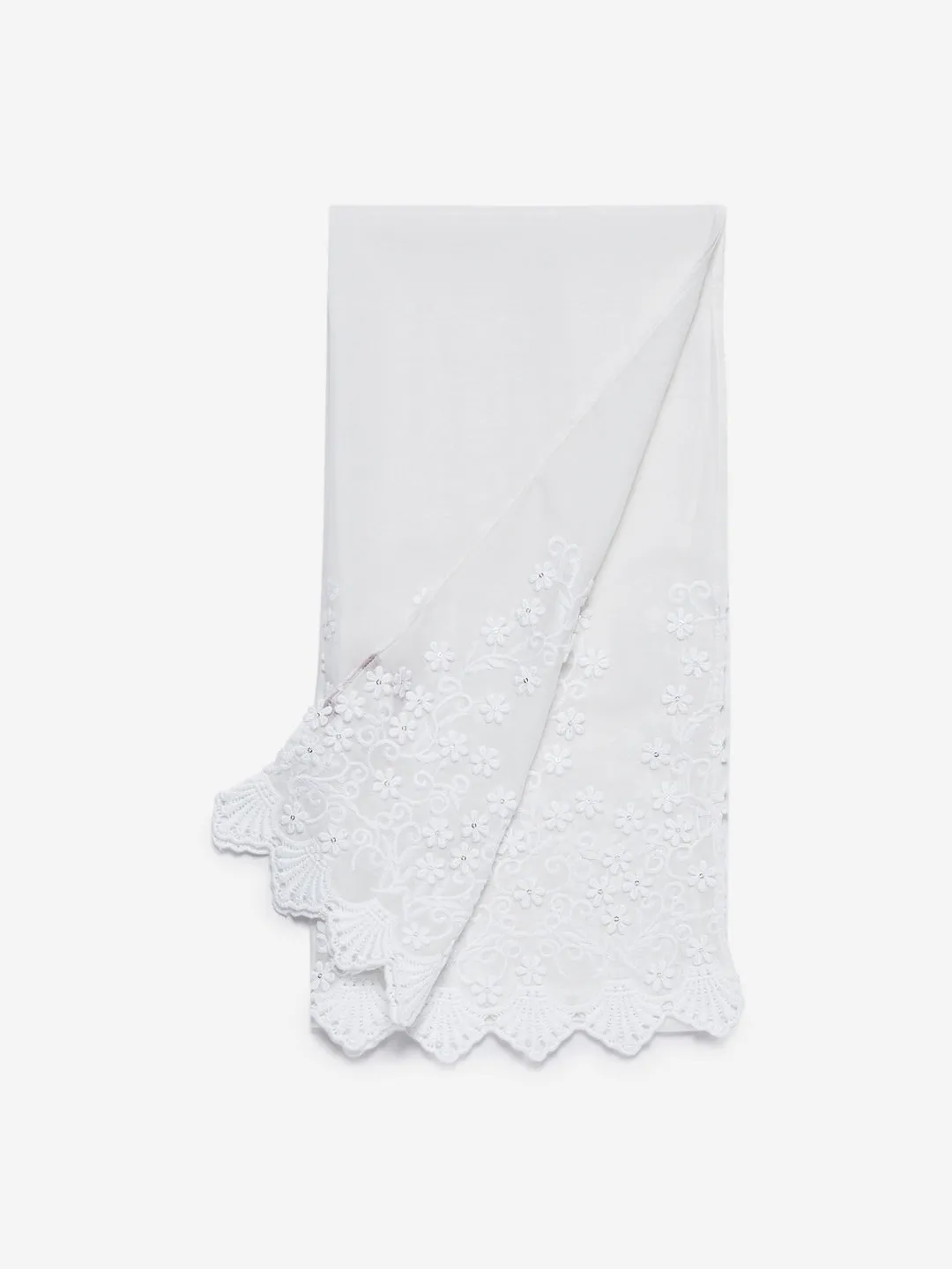 Zuba White Embroidered Cotton-Silk Stole